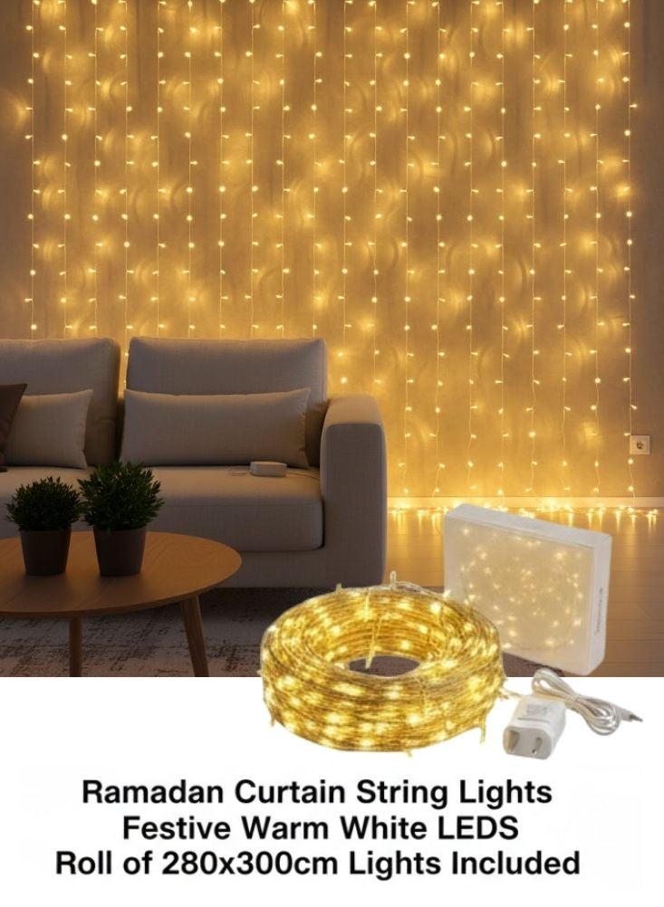 بريميم سلسلة أضواء ستائر رمضانية – أضواء صمام ثنائي باعث للضوء باللون الأبيض الدافئ لتزيين المنزل والاحتفالات - Image 1